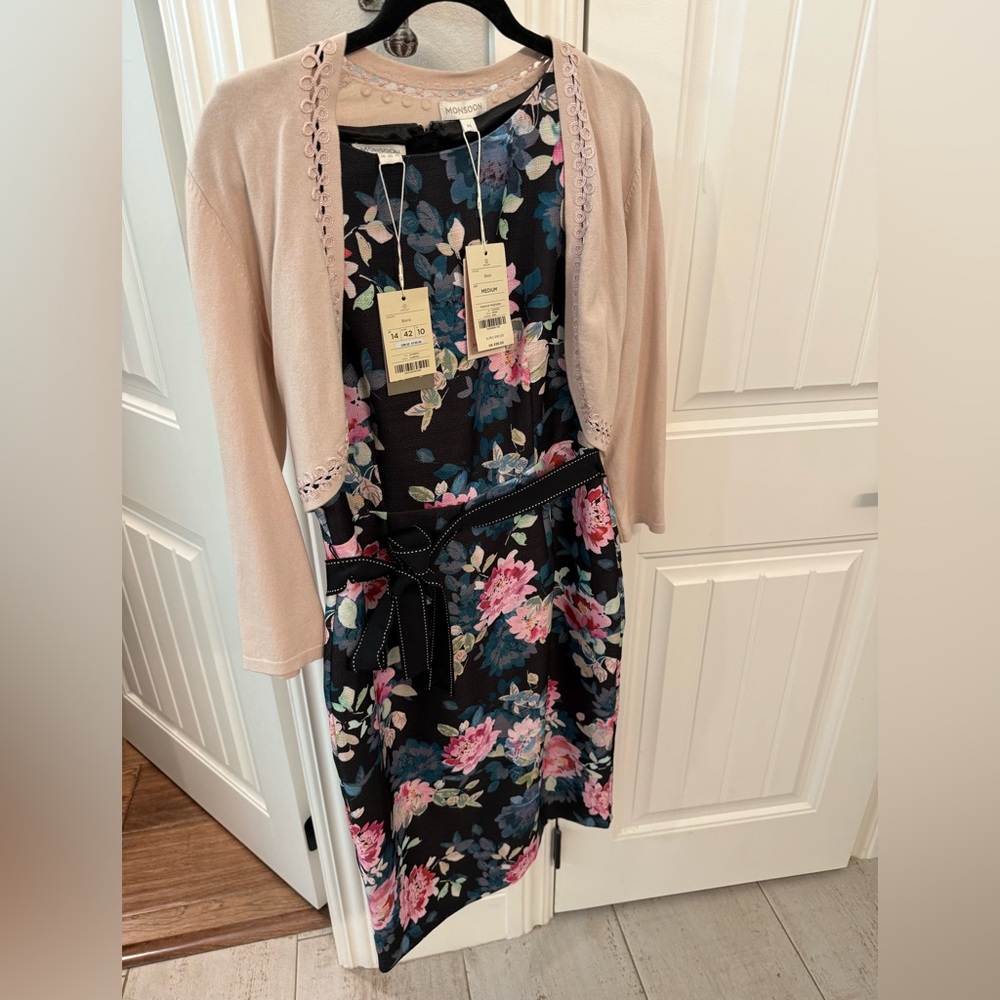 Monsoon Black Floral Dress with Blush Accents